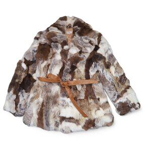 VTG 70s 80s Made in Hong Kong Patchwork Rabbit Fur Belted Coat Jacket Women's S